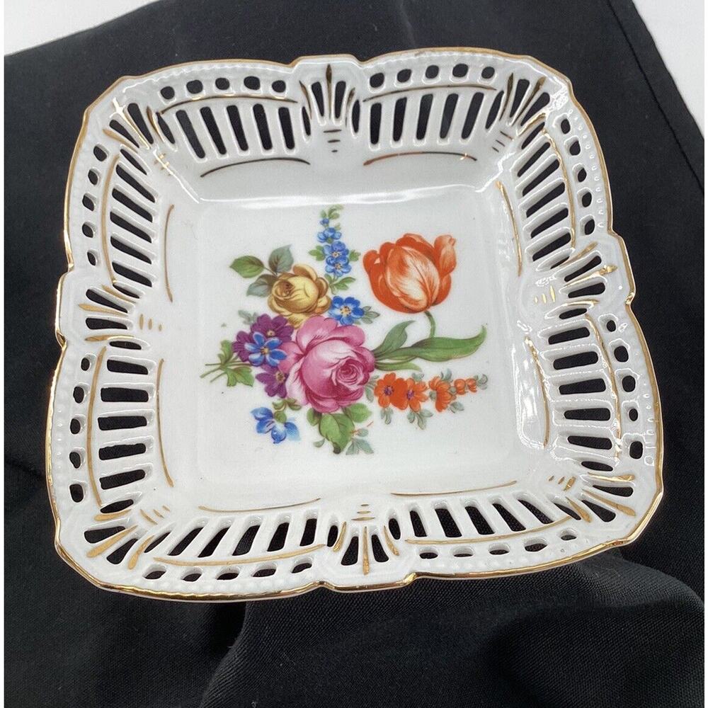 Vtg Schwarzenhammer Bavaria Square Reticulated‎ Candy Bowl Floral Gold